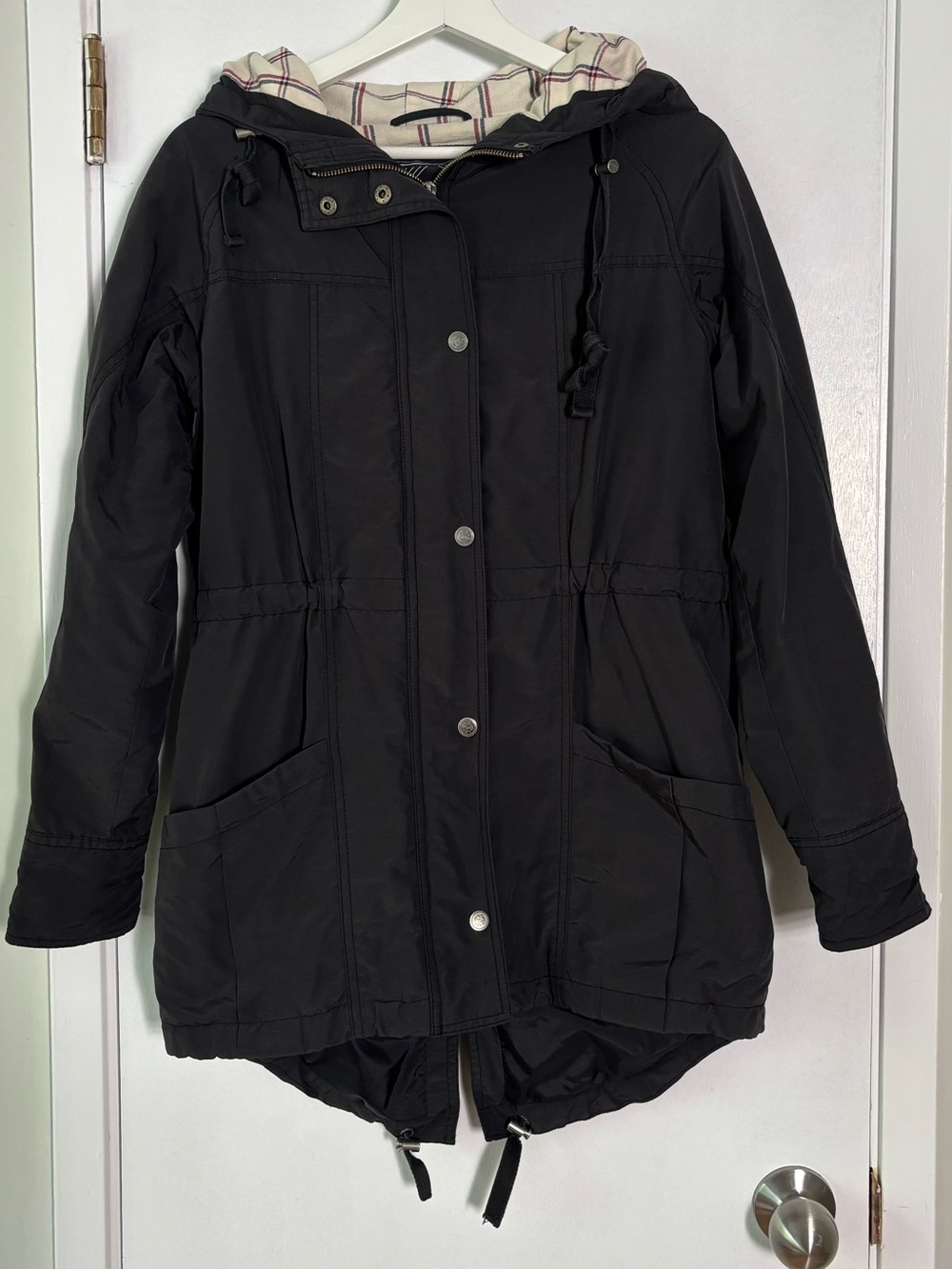 PGD Black Hooded Fall Parka Jacket Plaid Lined Drawstring Waist XS